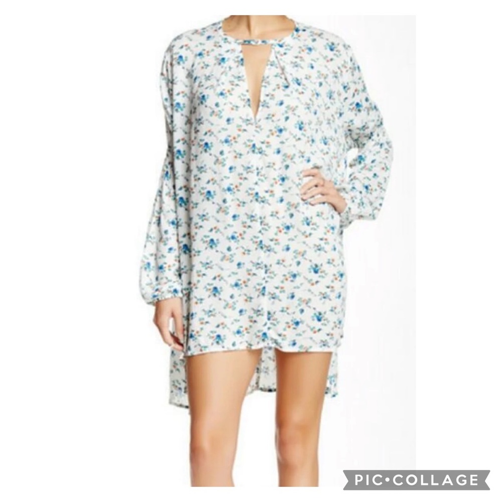 EUC WAYF White Blue Floral Long Sleeve High Low Tunic Dress